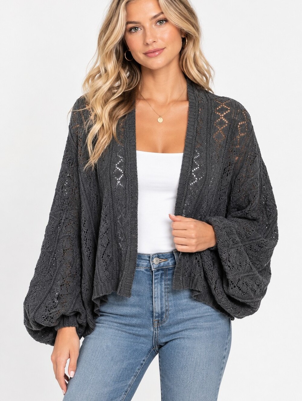 Staccato Gray Balloon Sleeve Open Front Acrylic Cardigan Sweater, S